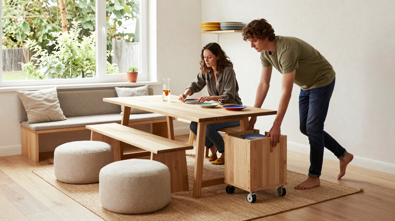Ambiente de jantar iluminado com mesa de madeira, banco, puffs e duas pessoas organizando pratos.