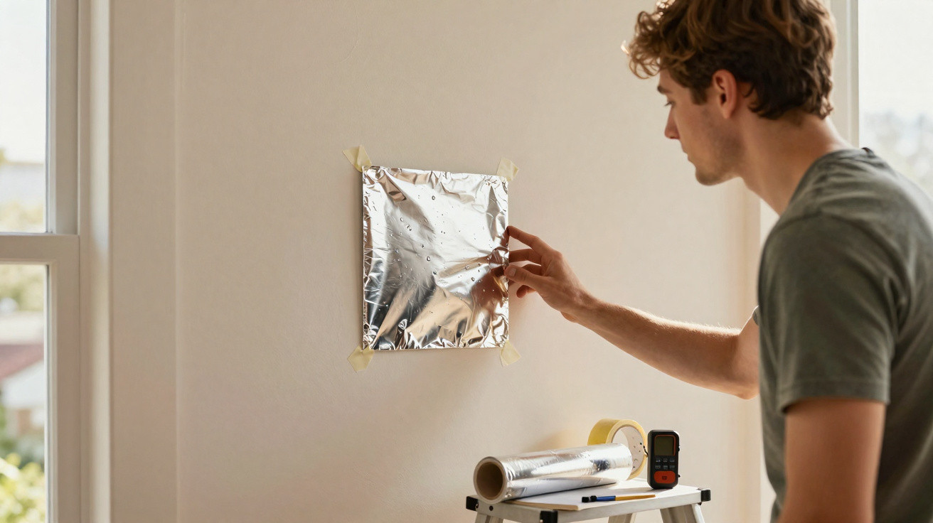Homem aplicando papel alumínio em uma parede clara dentro de casa, com fita crepe.