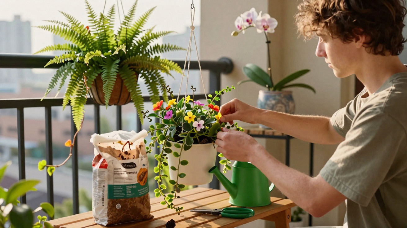 Pessoa cuidando de plantas em vaso branco suspenso em varanda com acessórios de jardinagem.