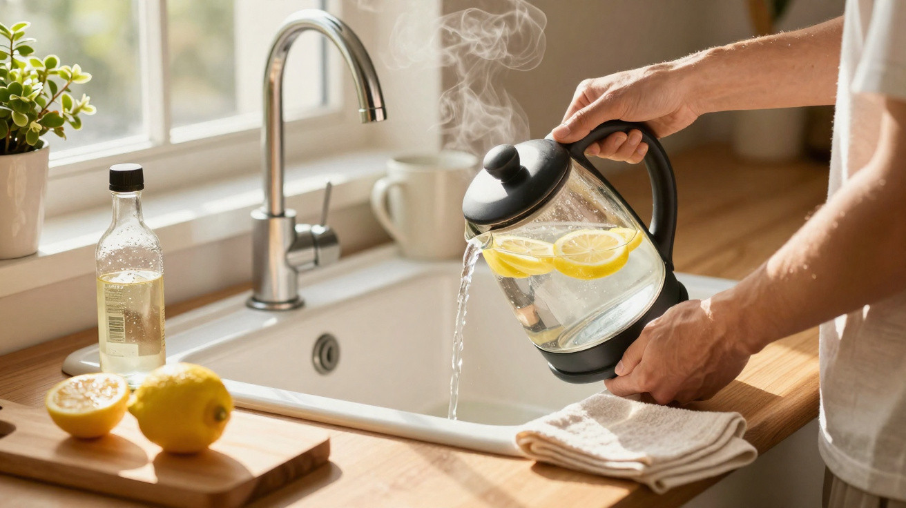Pessoa despejando água quente com rodelas de limão em uma pia de cozinha iluminada pelo sol.