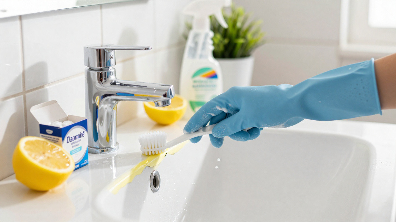 Mão com luva azul limpando escova de dentes na pia do banheiro com produtos de limpeza e limão ao fundo.