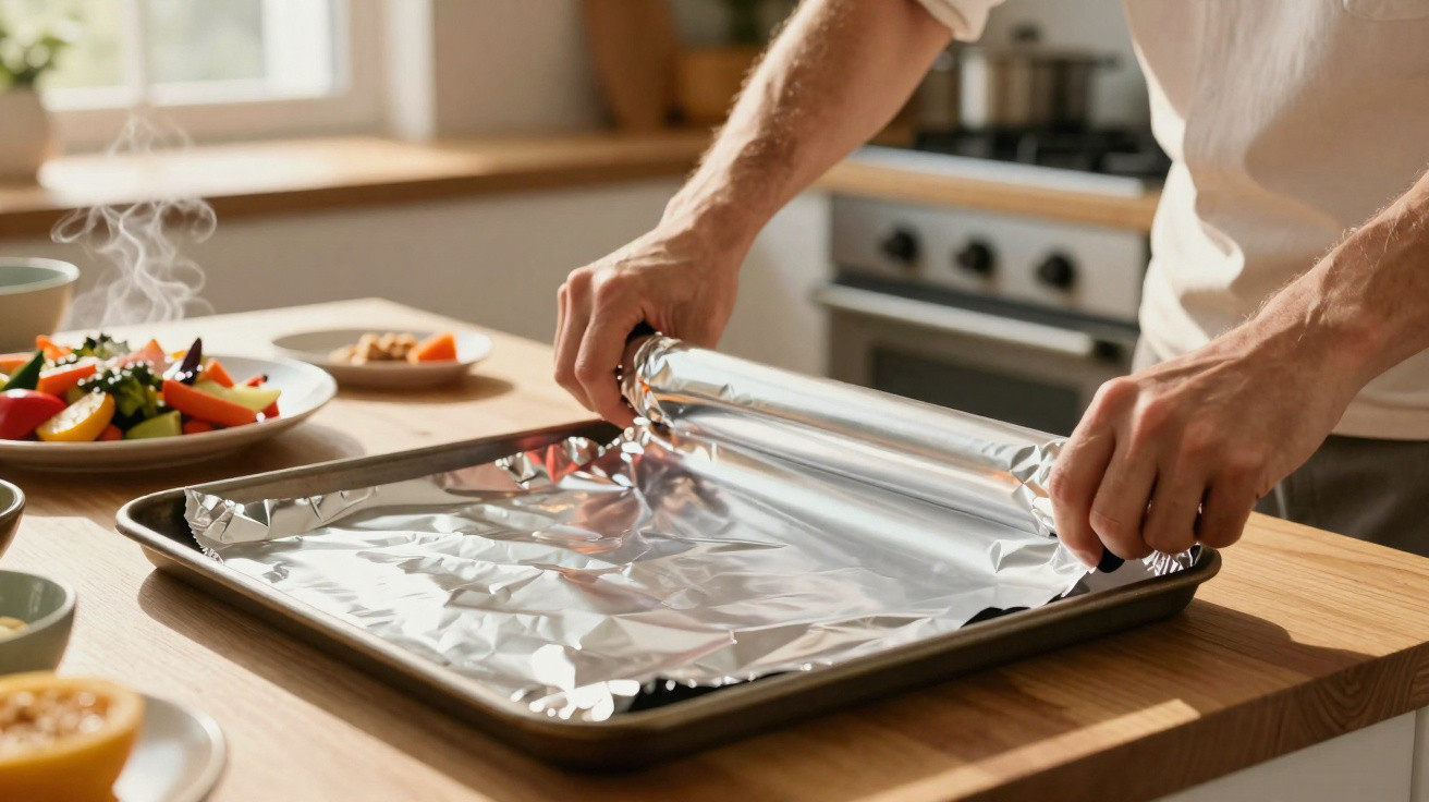 Pessoa forrando uma assadeira com papel alumínio em cozinha iluminada pelo sol.