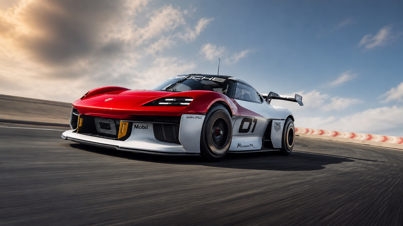 Carro de corrida Porsche Mission R branco e vermelho em pista sob céu nublado.