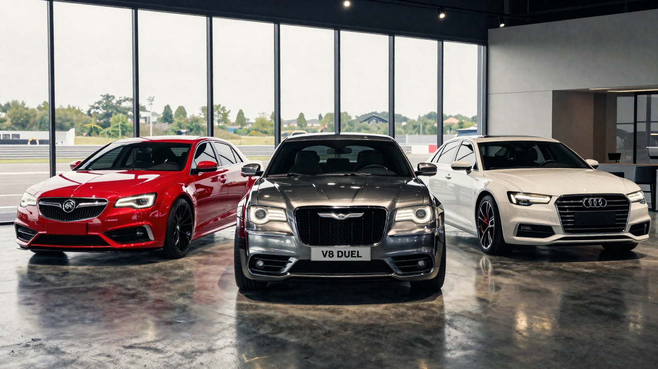 Três carros de luxo estacionados lado a lado em showroom com piso brilhante e grandes janelas ao fundo.