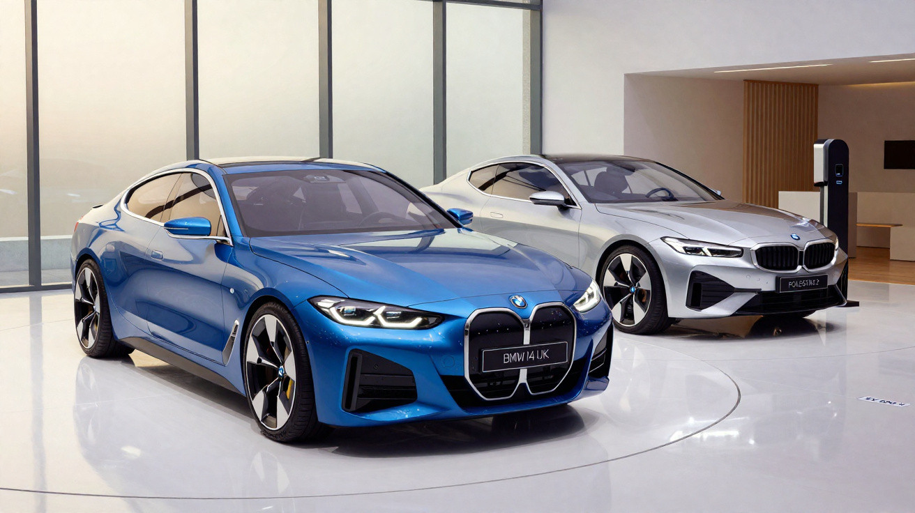 Dois carros BMW modernos em exposição, um azul e outro prata, em ambiente interno com piso branco brilhante.