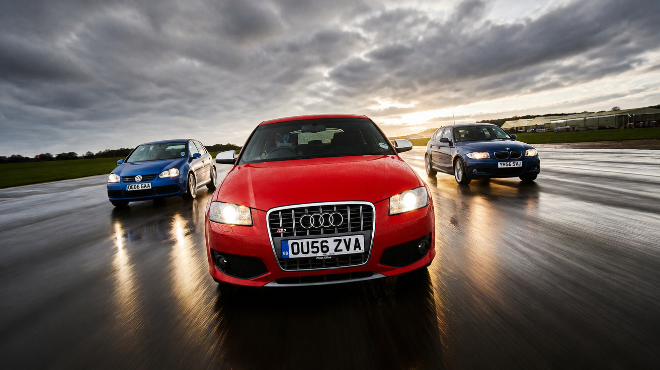 Três carros esportivos em movimento, com um Audi vermelho à frente e céu nublado ao fundo.