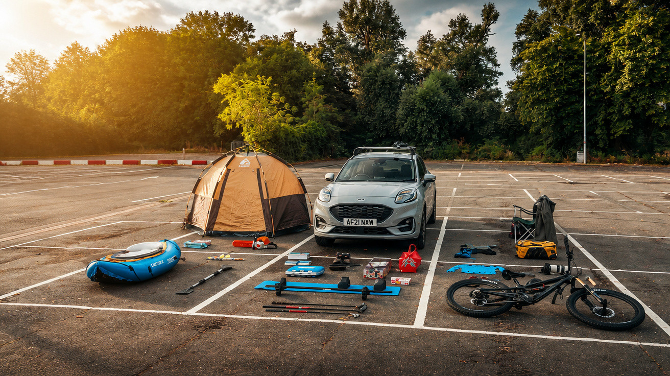 Carro estacionado com barraca, bicicleta, bote inflável e equipamentos de camping organizados no chão.
