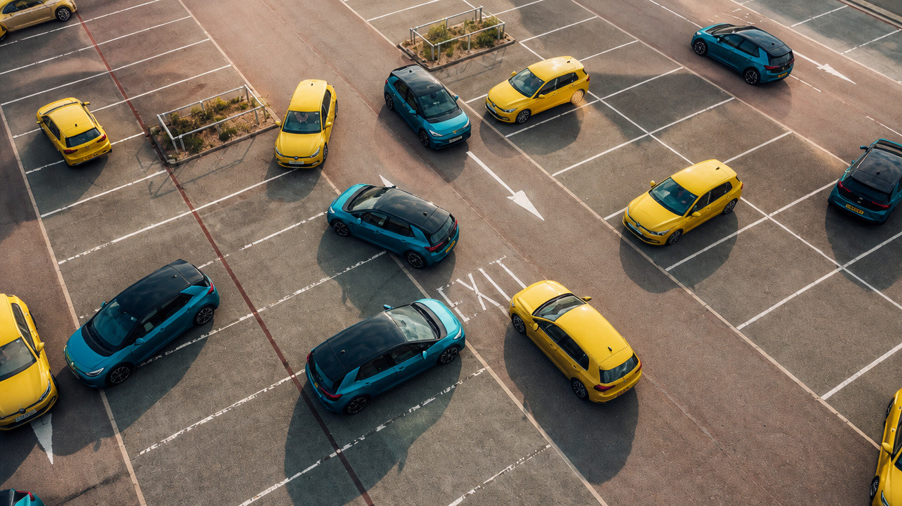 Estacionamento ao ar livre com carros amarelos e azul-turquesa vistos de cima em vagas demarcadas.