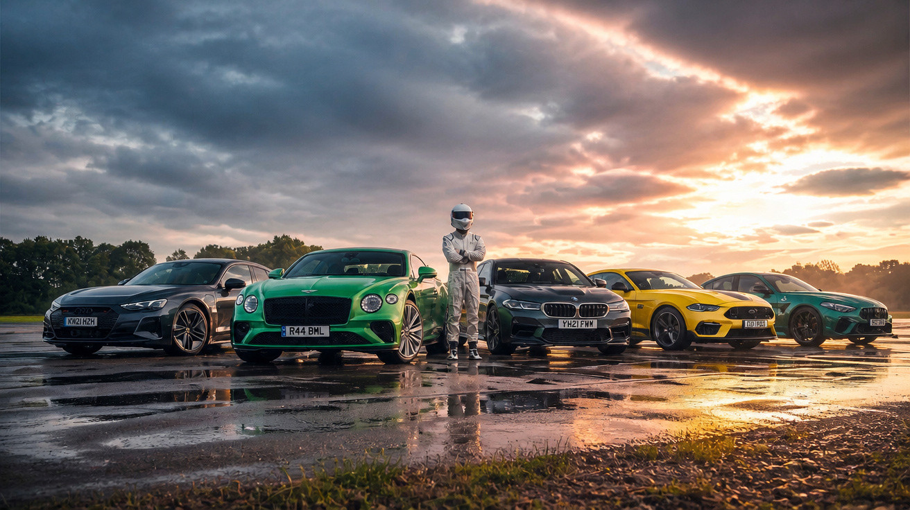 Cinco carros esportivos alinhados sob céu dramático ao pôr do sol, com piloto de macacão branco no centro.