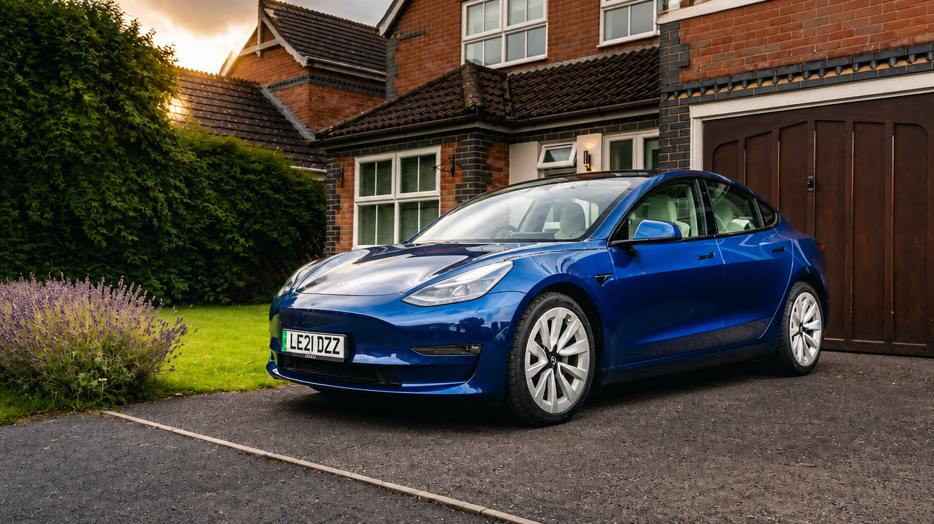 Carro elétrico azul estacionado em garagem de casa com jardim e arbustos ao redor.