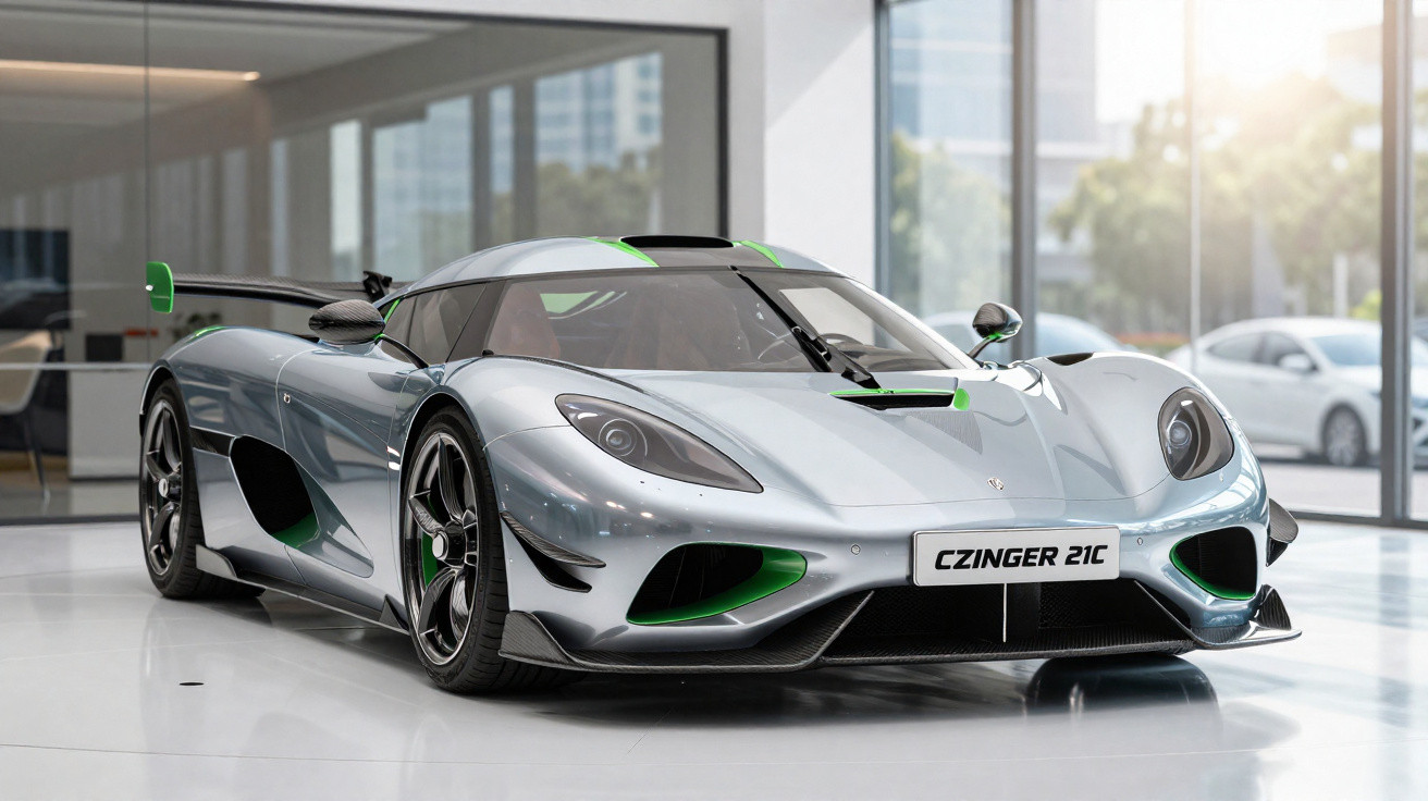 Carro esportivo cinza com detalhes verdes estacionado em ambiente interno moderno e iluminado.