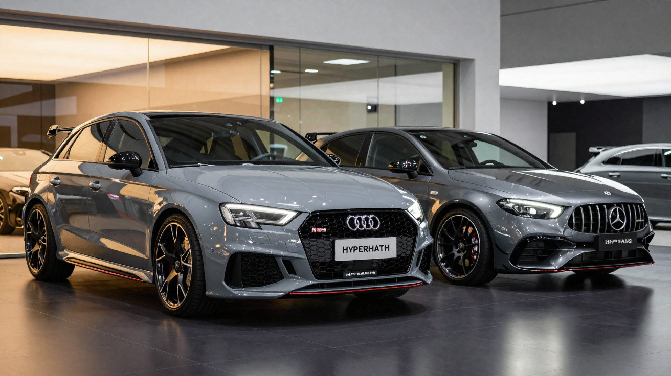 Dois carros esportivos cinza estacionados em showroom moderno, Audi e Mercedes-Benz lado a lado.