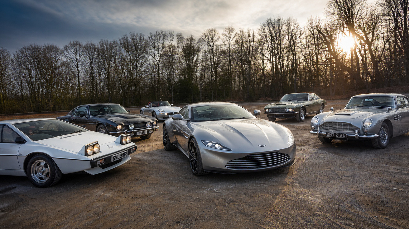 Seis carros esportivos clássicos e modernos estacionados ao ar livre com árvores ao fundo e pôr do sol.