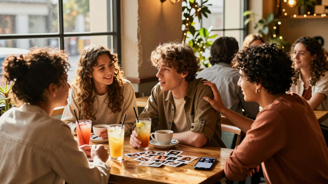 Grupo de amigos conversando e sorrindo em café com bebidas e fotos sobre a mesa.