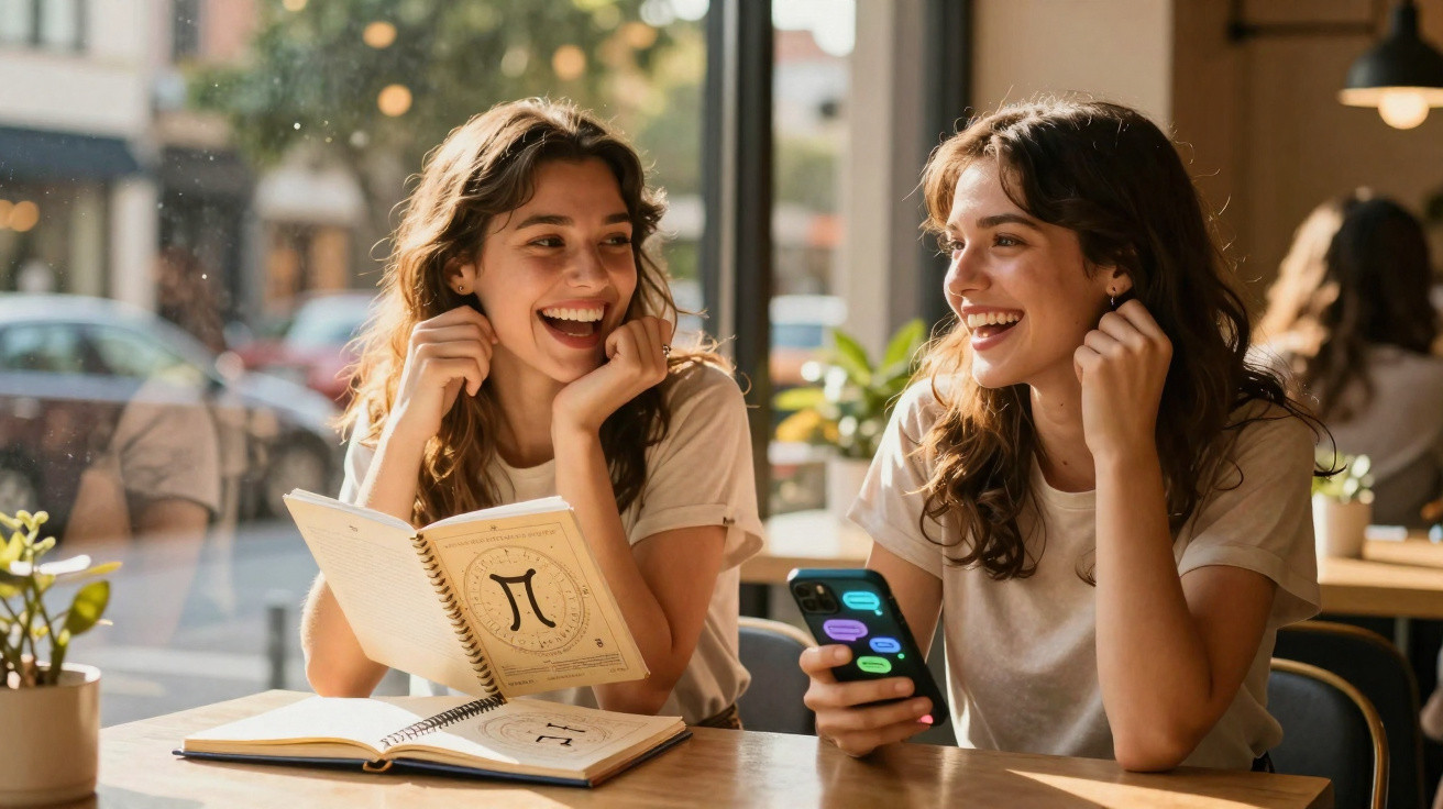 Duas jovens sorrindo enquanto conversam em cafeteria com livros e celular na mesa.