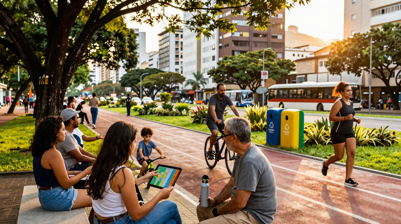 Pessoas sentadas e atividades ao ar livre em parque urbano com ciclovia e pista de corrida ao entardecer.