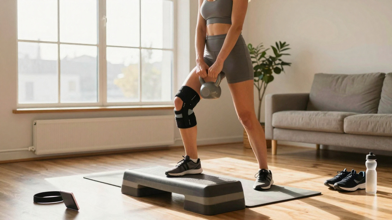 Pessoa em roupas de treino usando joelheira, segurando kettlebell, em sala iluminada, com step e tênis ao lado.
