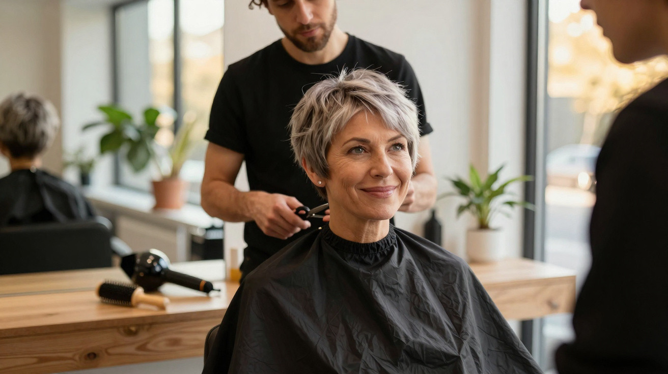 Mulher sorridente com cabelo curto grisalho sendo atendida por cabeleireiro em salão moderno.