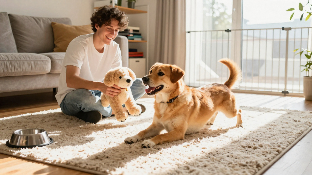 Jovem sorrindo brinca com cachorro marrom claro em tapete bege em sala iluminada.