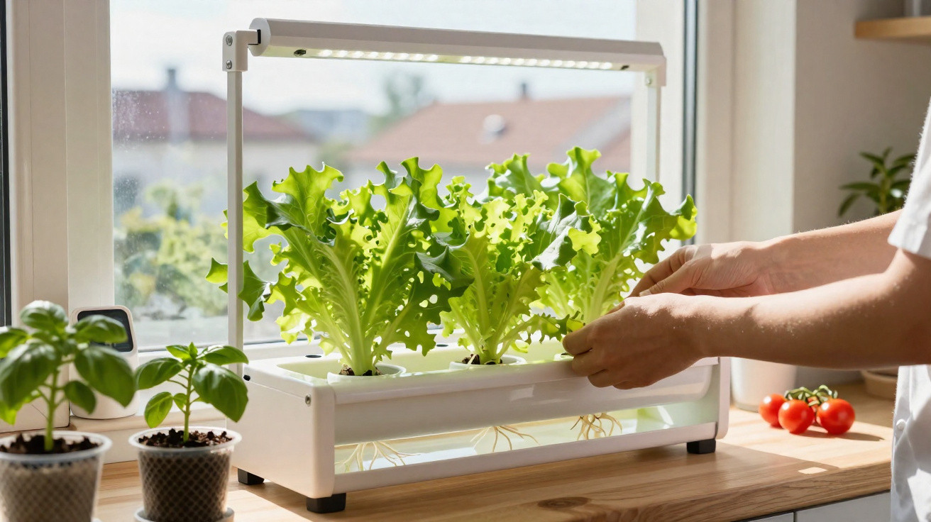 Pessoa cuidando de plantas de alface em sistema hidropônico dentro de casa junto à janela ensolarada.