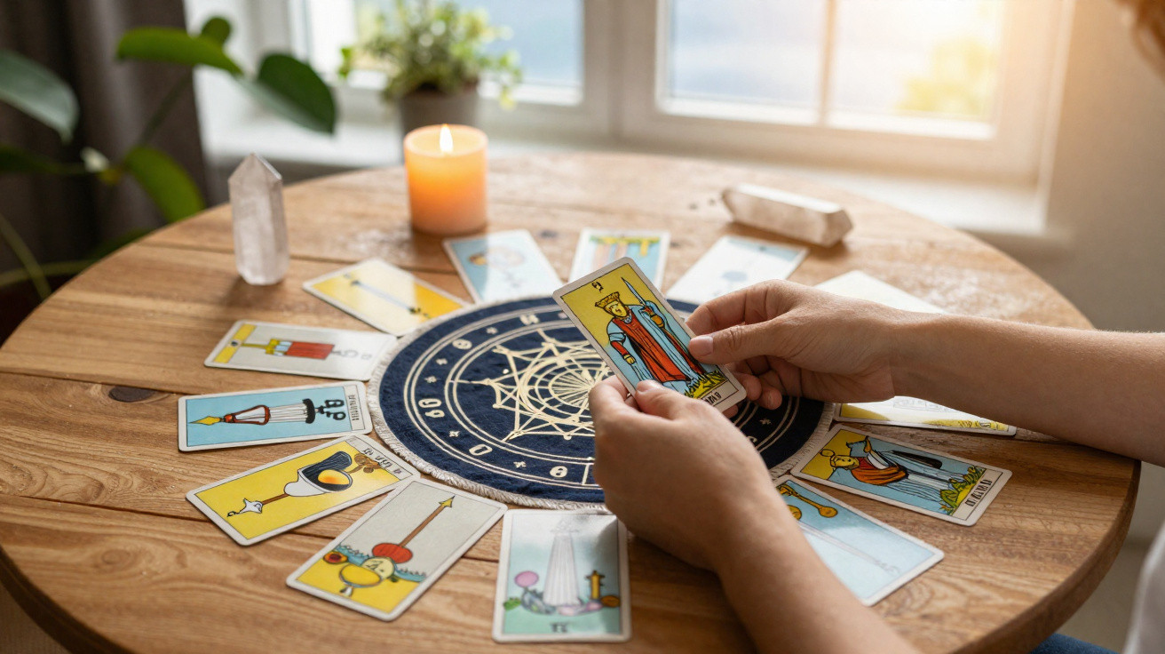 Mesa redonda com cartas de tarô dispostas em círculo e mãos segurando uma carta sob luz natural.