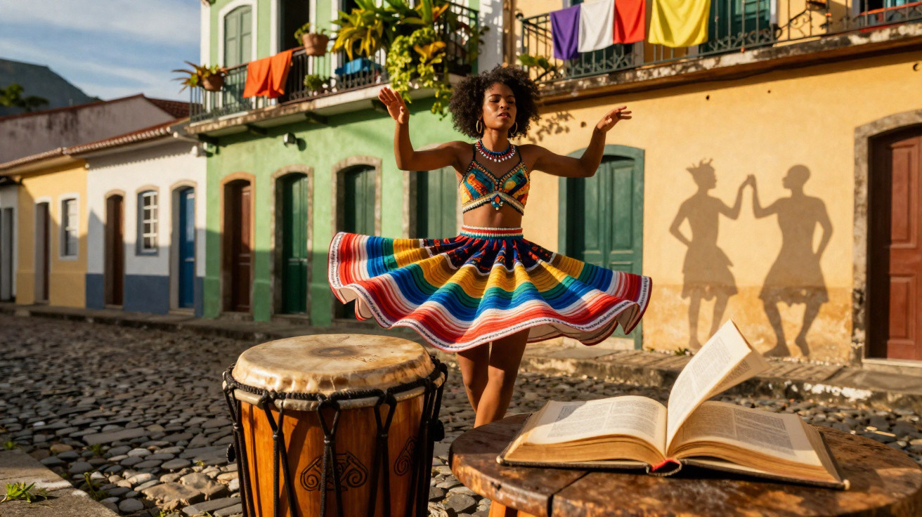 Mulher negra dança com saia colorida em rua de pedra, ao lado de tambor e livro aberto em mesa.
