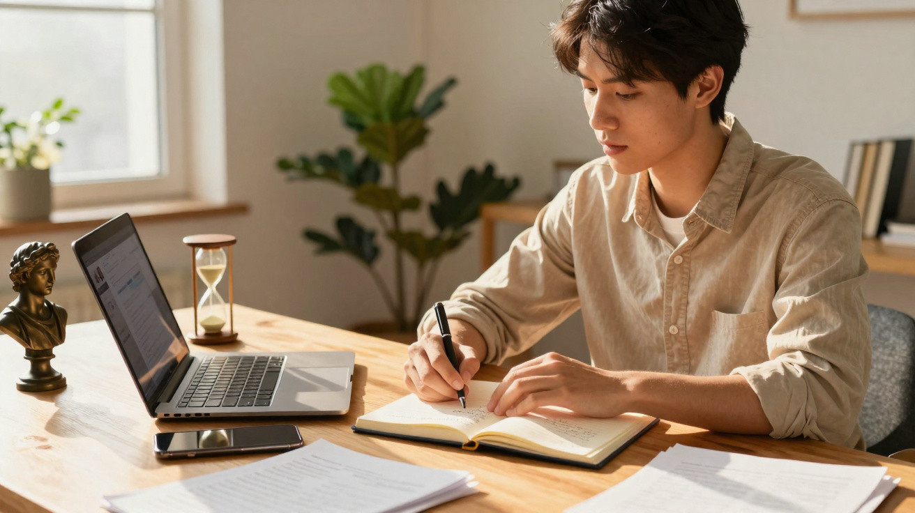 Jovem concentrado escrevendo em caderno, com laptop aberto, celular e documentos sobre mesa iluminada pela luz natural.