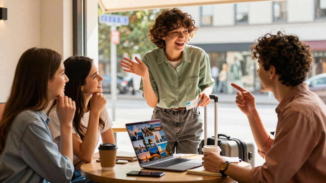 Quatro jovens conversam animadamente em café, com laptop aberto e malas ao lado, ambiente iluminado e urbano.