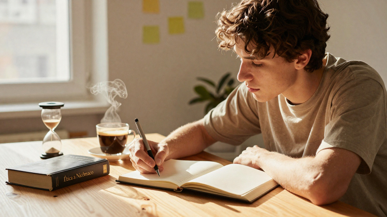 Jovem sentado escrevendo em caderno, ao lado de livro, ampulheta e xícara com café fumegante.