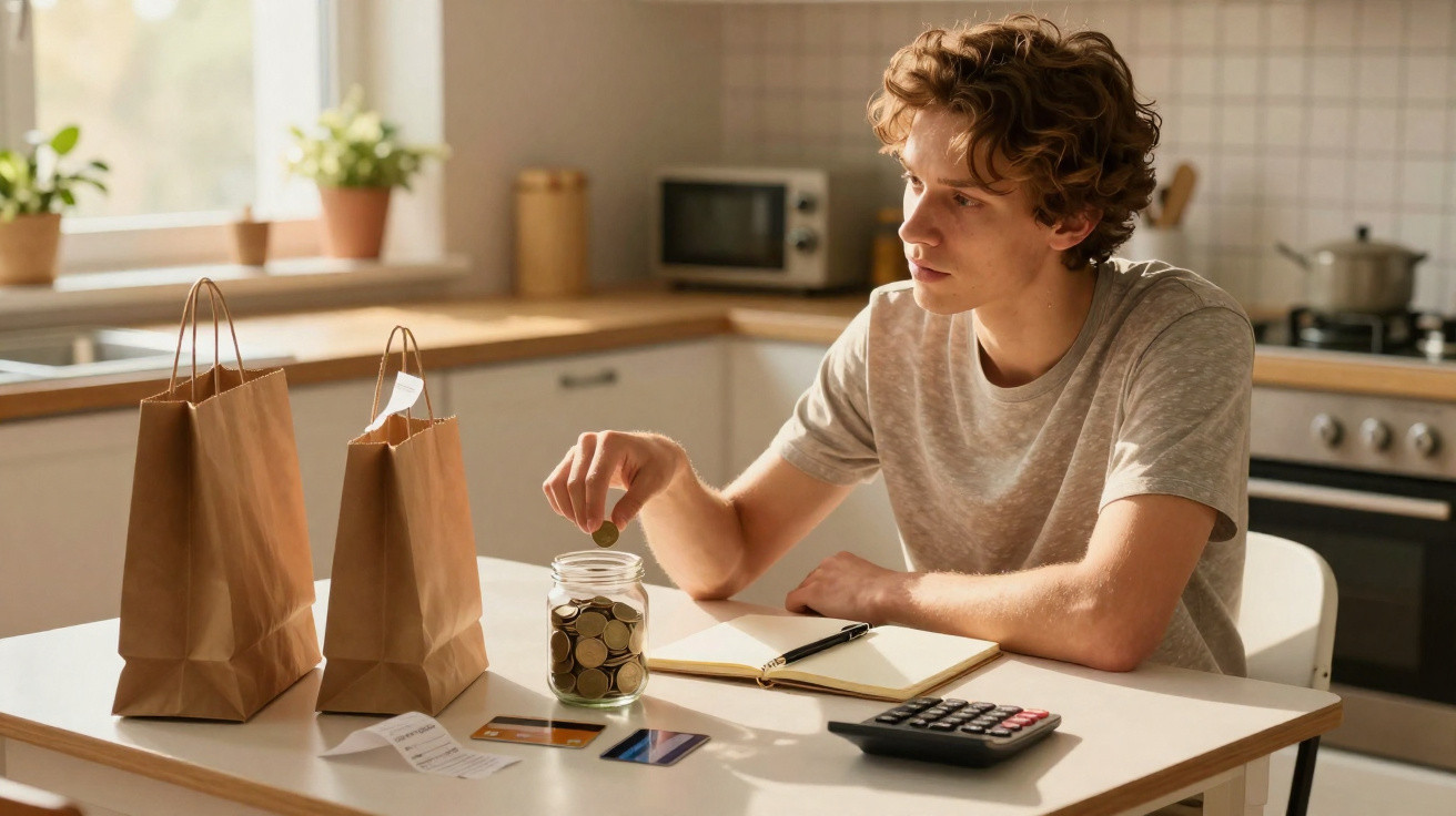 Jovem sentado à mesa contando moedas em um pote, com calculadora, cartões e sacolas de compras na cozinha.