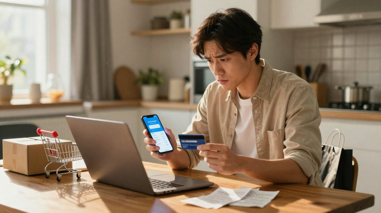 Jovem fazendo compra online com celular, cartão de crédito e laptop em mesa na cozinha.