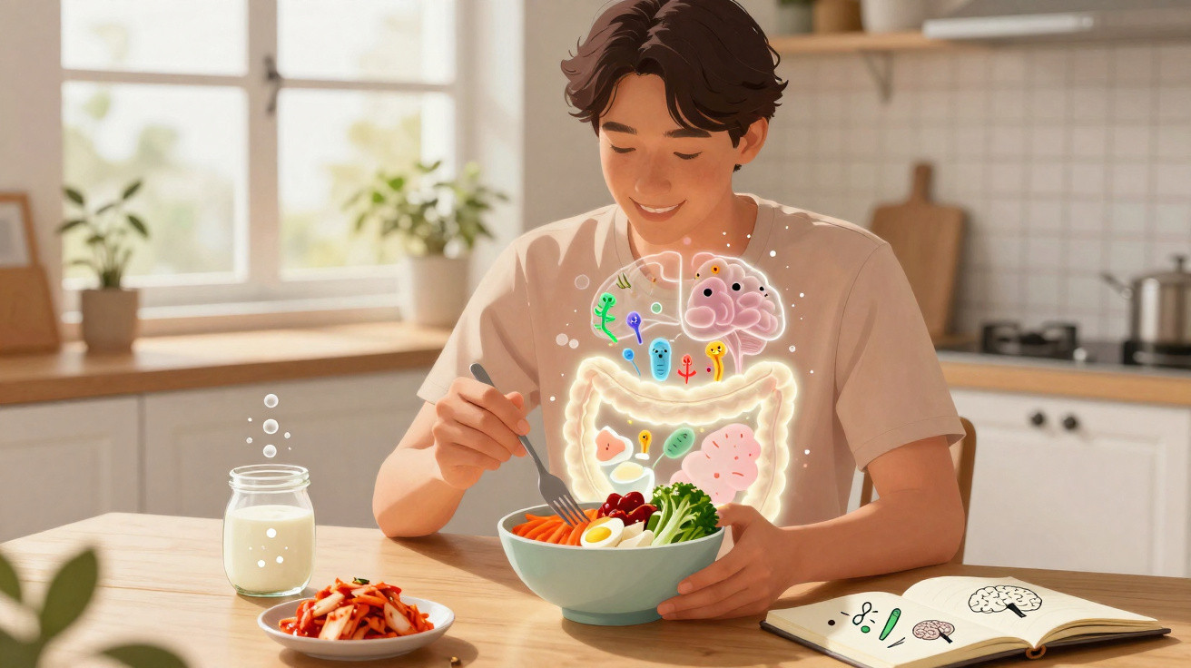 Pessoa sorrindo enquanto come salada, com ilustrações de intestino e cérebro destacando a saúde digestiva.