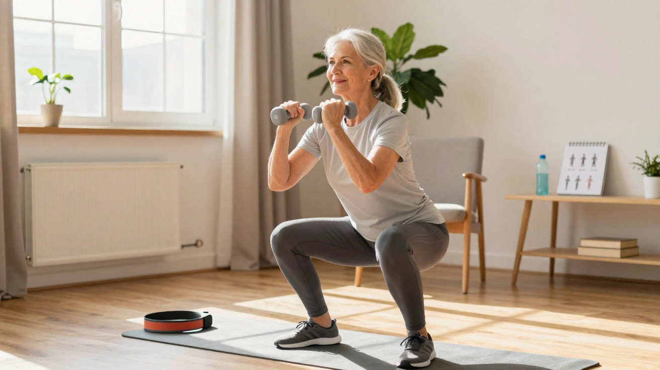 Mulher idosa fazendo agachamento com halteres em casa, exercitando-se em tapete de yoga.