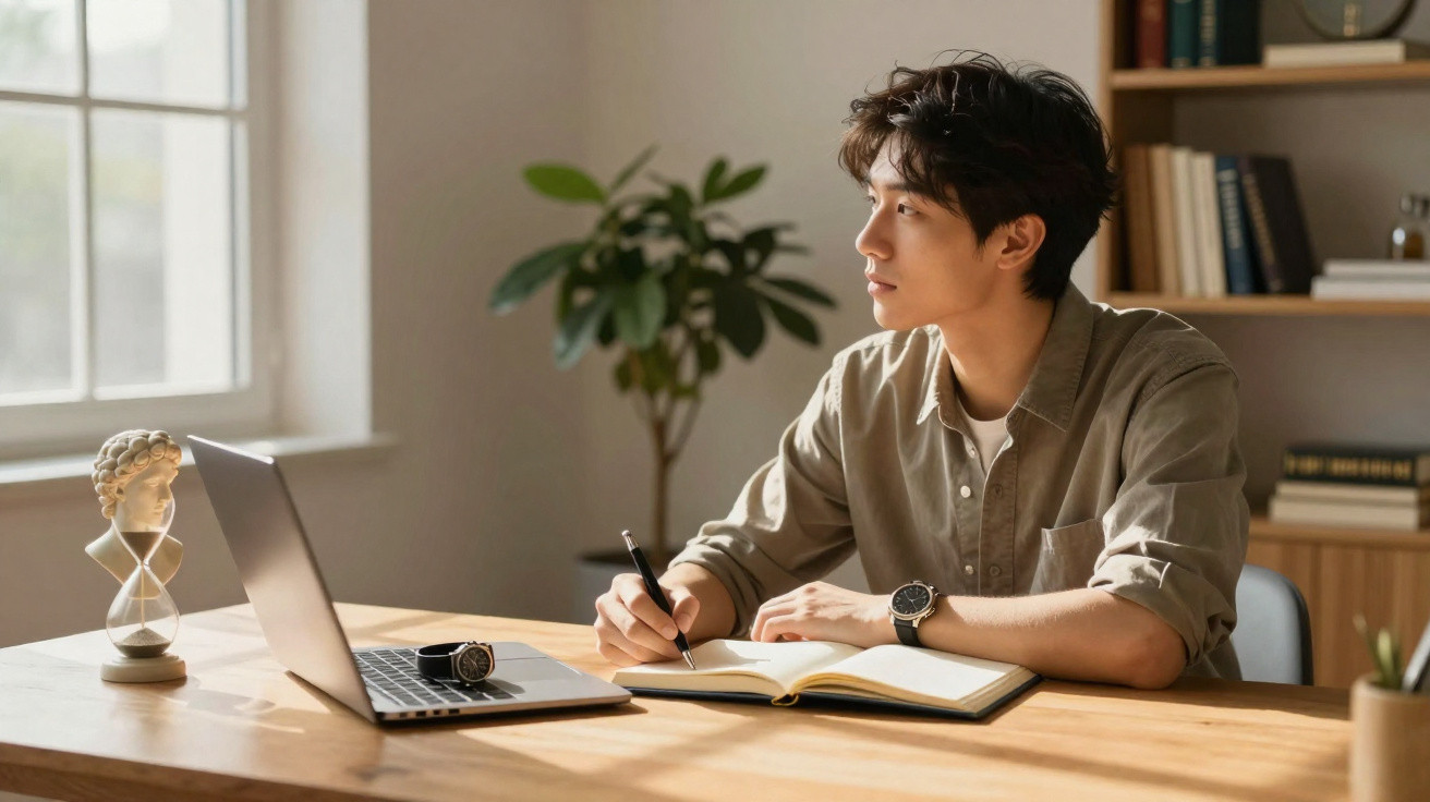 Jovem estudando e escrevendo em caderno à mesa com laptop em ambiente iluminado por janela.