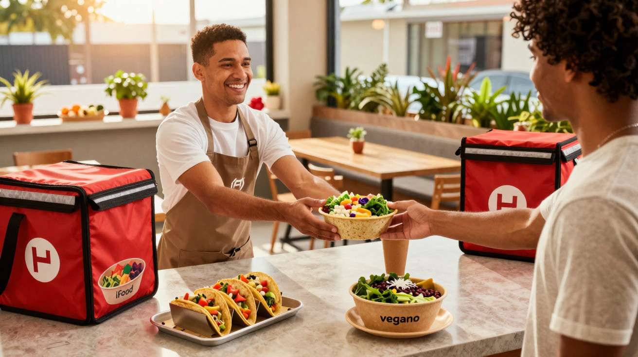 Entregador sorridente passando salada para cliente em balcão com tacos e sacolas térmicas do iFood.