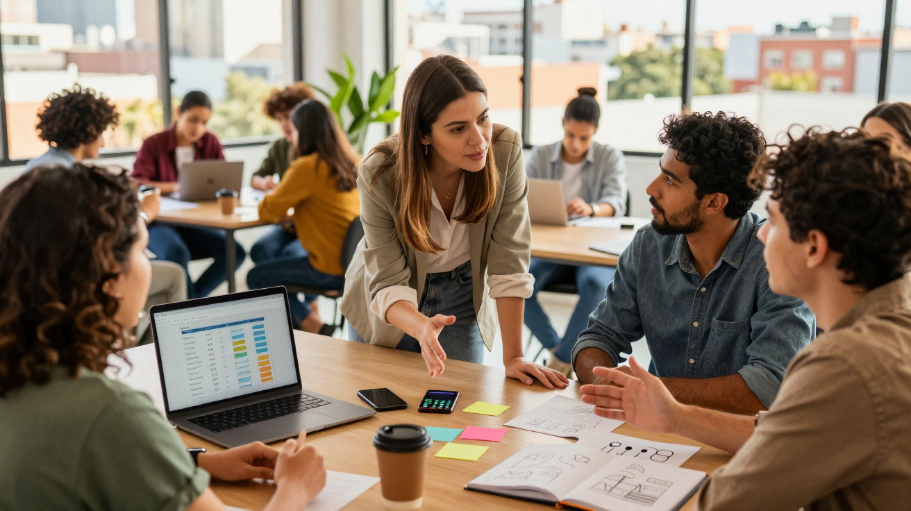 Grupo diverso de jovens em escritório moderno discutindo projeto com laptops e papéis na mesa.