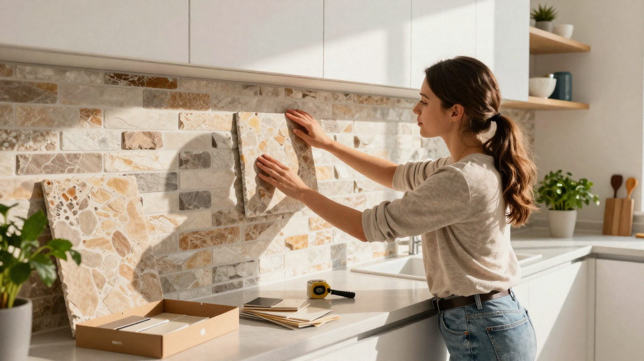 Mulher instala revestimento de parede de pedra em cozinha moderna com bancada branca.
