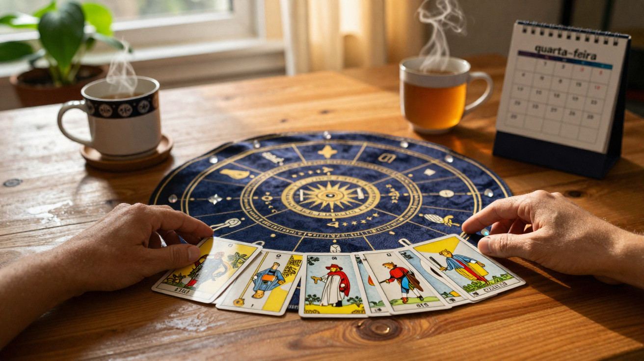 Mãos segurando cartas de tarô sobre mesa com roda zodiacal, duas xícaras de chá e calendário mostrando quarta-feira.