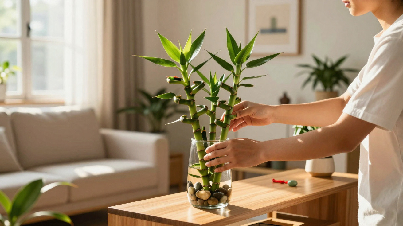 Pessoa organizando bambu da sorte em vaso de vidro com pedras em sala de estar iluminada.