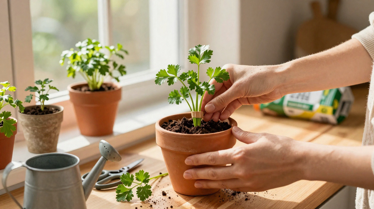 Pessoa cuidando de plantas em vasos de barro numa bancada de madeira próxima à janela iluminada.