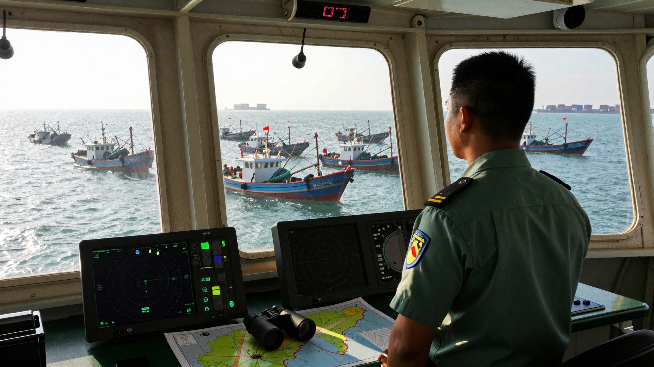 Militar observa barcos de pesca pelo painel de controle em cabine com radar e mapas náuticos.