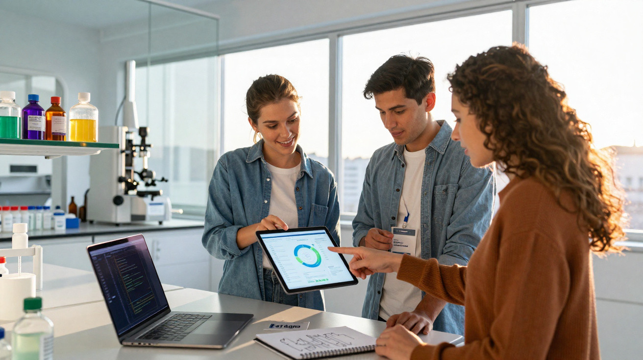 Grupo de jovens em laboratório, analisando dados em tablet com laptop aberto na mesa.