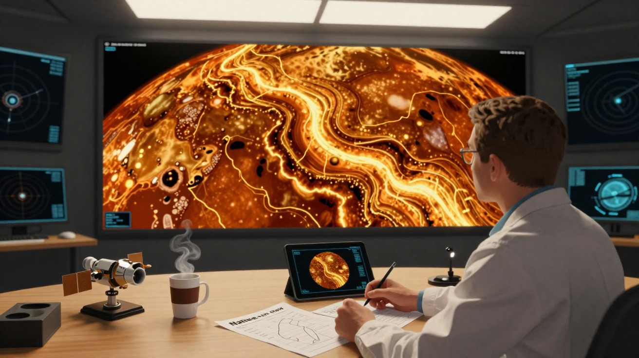 Cientista em laboratório observa mapa topográfico digital brilhante em grande tela à sua frente.
