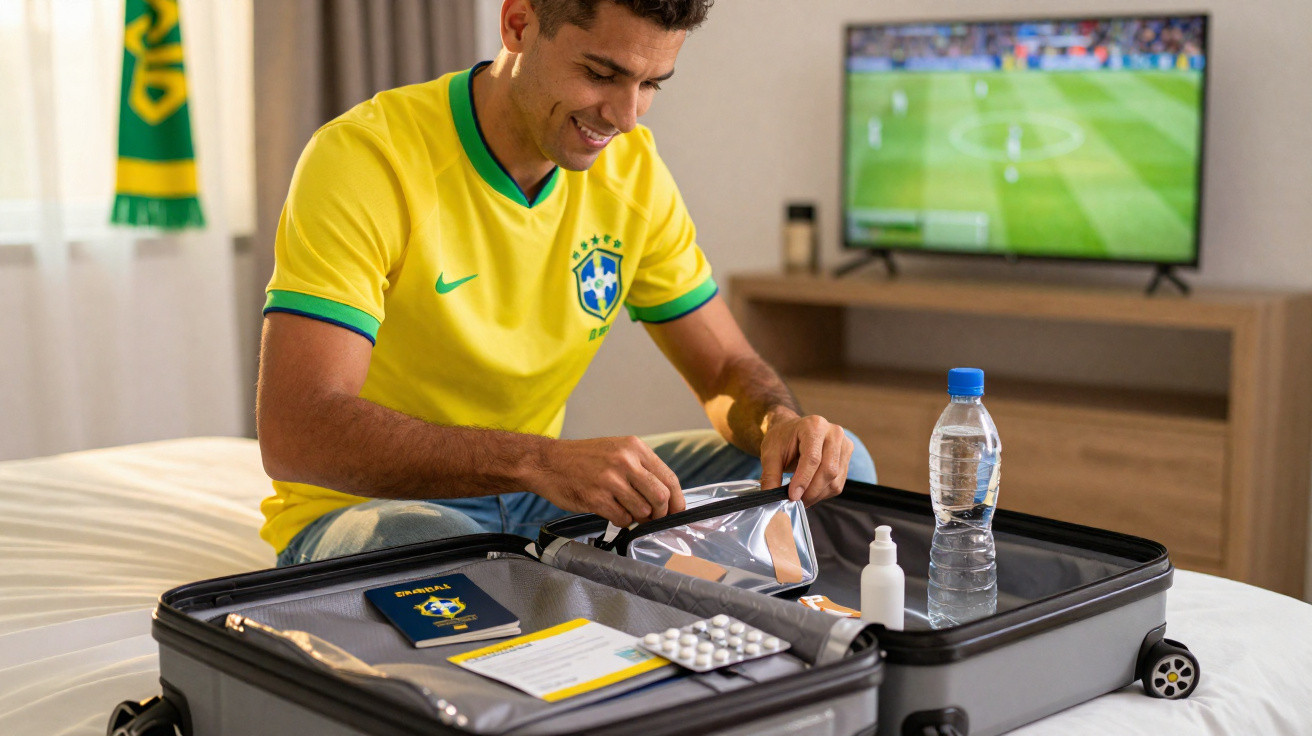Homem com camisa da seleção brasileira preparando mala com remédios e passaporte na frente da TV com jogo de futebol.