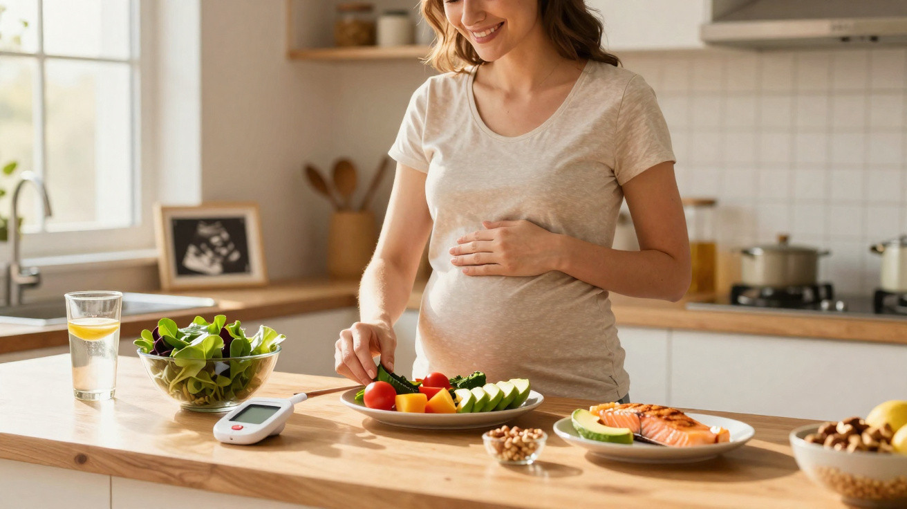 Mulher grávida sorrindo e preparando prato saudável na cozinha com alimentos frescos e aparelho de medição.