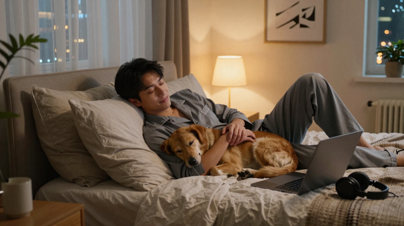 Jovem de pijama abraça cachorro dourado deitado na cama ao lado de notebook e fones, iluminados por abajur.