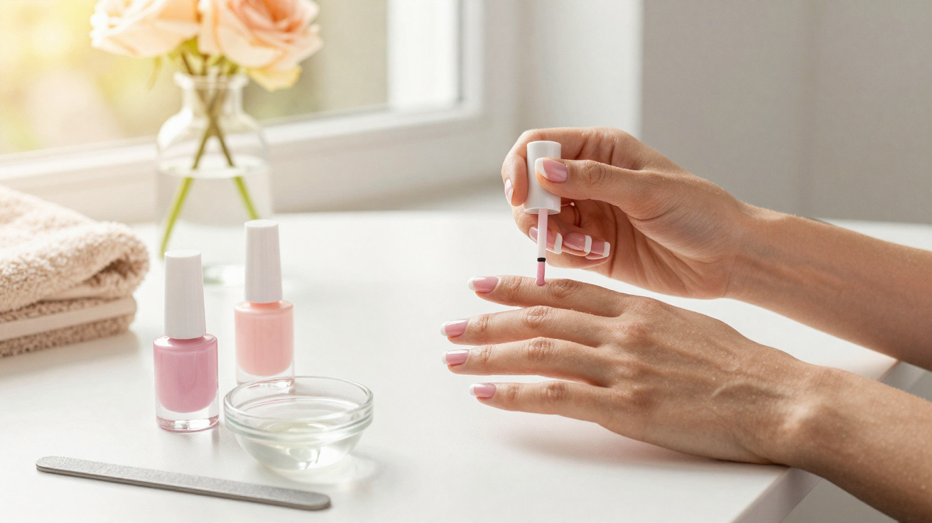 Pessoa aplicando esmalte rosa claro nas unhas em ambiente iluminado com esmaltes e acessórios ao lado.