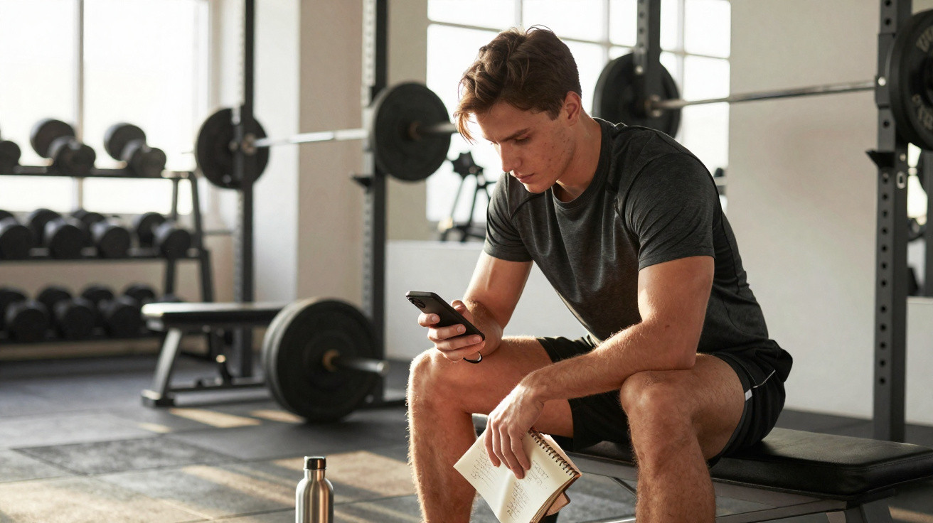 Homem sentado em banco de academia usando celular e segurando caderno, com equipamentos ao fundo.