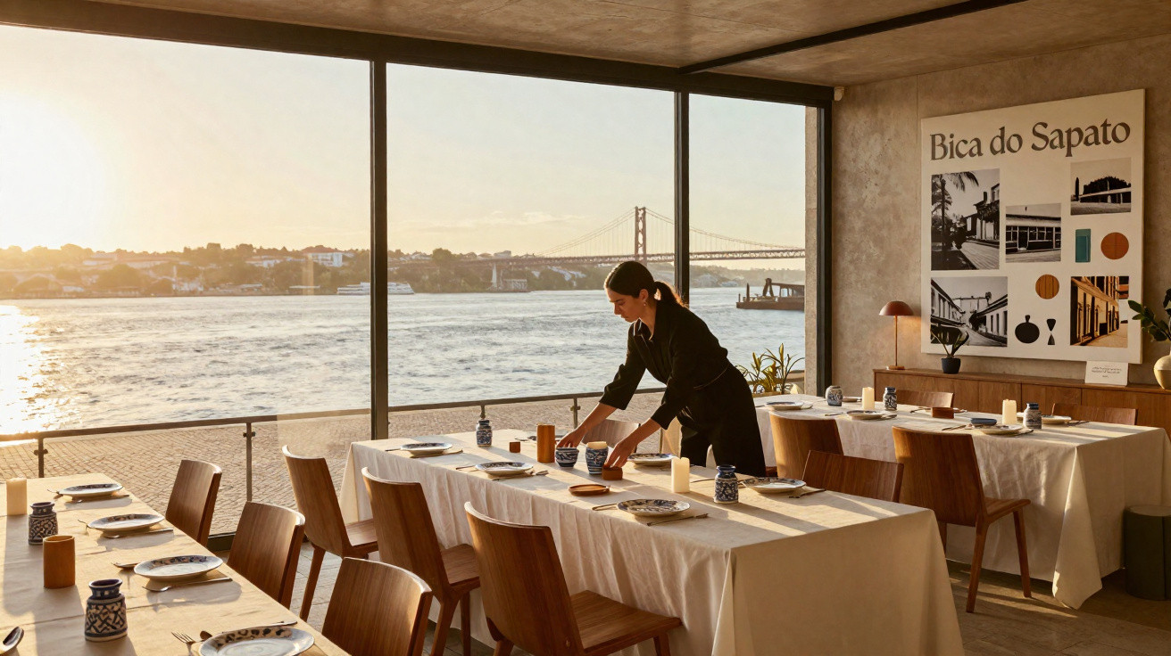 Garçom ajeitando mesa de restaurante com vista para rio e ponte ao entardecer em ambiente moderno e iluminado.