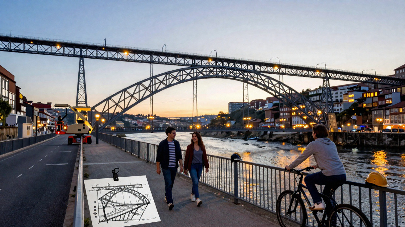 Pessoas caminhando e andando de bicicleta no cais ao pôr do sol com ponte metálica ao fundo em cidade ribeirinha.